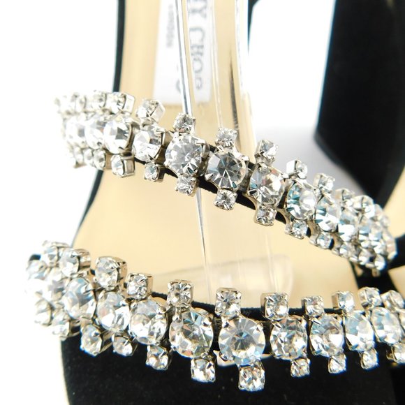 New JIMMY CHOO BING Black Suede Leather Crystal Strap Wedge Heel Sandals 37.5 - Picture 4 of 10
